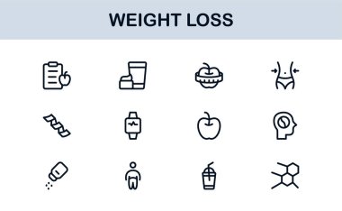 Kilo Veren Sağlık Profesyoneller Hattı Simgesi Ayarlandı. Sağlık ve Diyet İçin Modern Minimal Taslak Vektör Simgeleri