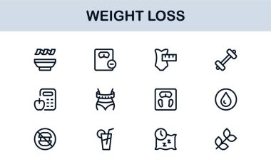 Kilo Veren Sağlık Profesyoneller Hattı Simgesi Ayarlandı. Sağlık ve Diyet İçin Modern Minimal Taslak Vektör Simgeleri