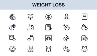 Kilo Veren Sağlık Profesyoneller Hattı Simgesi Ayarlandı. Sağlık ve Diyet İçin Modern Minimal Taslak Vektör Simgeleri