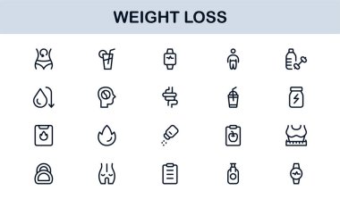 Kilo Veren Sağlık Profesyoneller Hattı Simgesi Ayarlandı. Sağlık ve Diyet İçin Modern Minimal Taslak Vektör Simgeleri