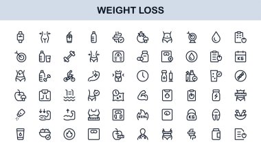 Kilo Veren Sağlık Profesyoneller Hattı Simgesi Ayarlandı. Sağlık ve Diyet İçin Modern Minimal Taslak Vektör Simgeleri