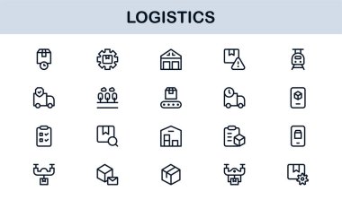 Lojistik ve tedarik zinciri profesyonel hat simgesi, taşıma, taşıma ve nakliye için modern vektör koleksiyonu ayarlandı