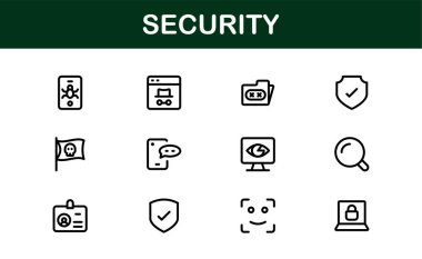 Temel Güvenlik Simgesi Vektör Resmini Ayarla. Dijital Güvenlik Tasarımları için Kilit, Kalkan ve Yetkilendirme Sembolleri İçerir.