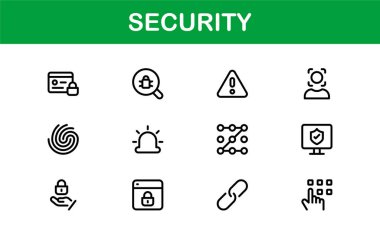 Temel Güvenlik Simgesi Vektör Resmini Ayarla. Dijital Güvenlik Tasarımları için Kilit, Kalkan ve Yetkilendirme Sembolleri İçerir.