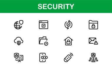 Temel Güvenlik Simgesi Vektör Resmini Ayarla. Dijital Güvenlik Tasarımları için Kilit, Kalkan ve Yetkilendirme Sembolleri İçerir.