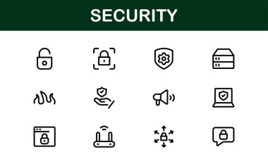 Temel Güvenlik Simgesi Vektör Resmini Ayarla. Dijital Güvenlik Tasarımları için Kilit, Kalkan ve Yetkilendirme Sembolleri İçerir.