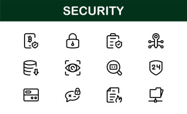 Temel Güvenlik Simgesi Vektör Resmini Ayarla. Dijital Güvenlik Tasarımları için Kilit, Kalkan ve Yetkilendirme Sembolleri İçerir.