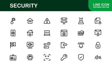 Temel Güvenlik Simgesi Vektör Resmini Ayarla. Dijital Güvenlik Tasarımları için Kilit, Kalkan ve Yetkilendirme Sembolleri İçerir.