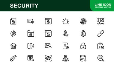 Temel Güvenlik Simgesi Vektör Resmini Ayarla. Dijital Güvenlik Tasarımları için Kilit, Kalkan ve Yetkilendirme Sembolleri İçerir.