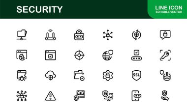 Temel Güvenlik Simgesi Vektör Resmini Ayarla. Dijital Güvenlik Tasarımları için Kilit, Kalkan ve Yetkilendirme Sembolleri İçerir.