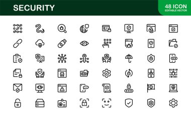 Temel Güvenlik Simgesi Vektör Resmini Ayarla. Dijital Güvenlik Tasarımları için Kilit, Kalkan ve Yetkilendirme Sembolleri İçerir.
