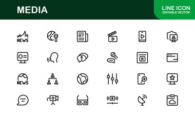 Temel Ortam Simgesi Vektör İllüstrasyonu. Tasarımlarınızı Arttırmak için Medya, Haber, İletişim ve Dijital İçerik Oluşturma Sembolleri içerir.