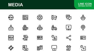 Temel Ortam Simgesi Vektör İllüstrasyonu. Tasarımlarınızı Arttırmak için Medya, Haber, İletişim ve Dijital İçerik Oluşturma Sembolleri içerir.