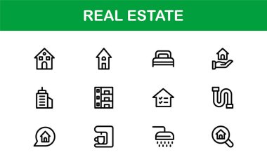 Emlak ve Emlak Simgeleri. Modern Konut, Ticari ve Mimarlık Sembolleri Gerçek Emlak Pazarlama ve Brandin Seti