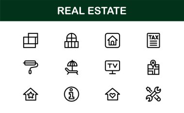 Emlak ve Emlak Simgeleri. Modern Konut, Ticari ve Mimarlık Sembolleri Gerçek Emlak Pazarlama ve Brandin Seti
