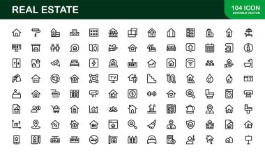 Emlak ve Emlak Simgeleri. Modern Konut, Ticari ve Mimarlık Sembolleri Gerçek Emlak Pazarlama ve Brandin Seti