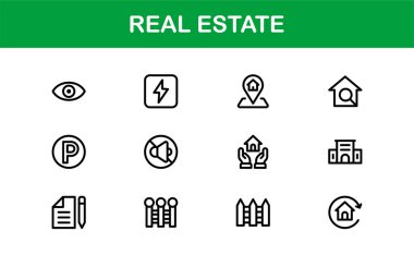 Emlak ve Emlak Simgeleri. Modern Konut, Ticari ve Mimarlık Sembolleri Gerçek Emlak Pazarlama ve Brandin Seti