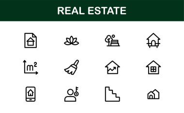 Emlak ve Emlak Simgeleri. Modern Konut, Ticari ve Mimarlık Sembolleri Gerçek Emlak Pazarlama ve Brandin Seti