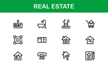 Emlak ve Emlak Simgeleri. Modern Konut, Ticari ve Mimarlık Sembolleri Gerçek Emlak Pazarlama ve Brandin Seti