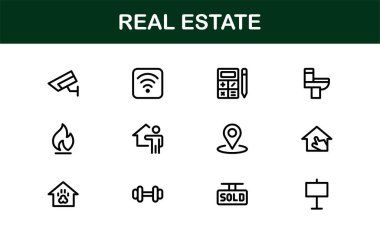 Emlak ve Emlak Simgeleri. Modern Konut, Ticari ve Mimarlık Sembolleri Gerçek Emlak Pazarlama ve Brandin Seti