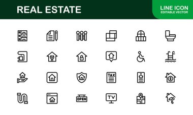 Emlak ve Emlak Simgeleri. Modern Konut, Ticari ve Mimarlık Sembolleri Gerçek Emlak Pazarlama ve Brandin Seti