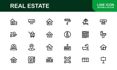 Emlak ve Emlak Simgeleri. Modern Konut, Ticari ve Mimarlık Sembolleri Gerçek Emlak Pazarlama ve Brandin Seti