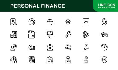 Temel Kişisel Finans Simgesi Vektör İllüstrasyonu. Tasarruf, Kredi, Kredi ve Para Yönetimi Tasarımı İçin Mali Planlama Simgelerini İçerir