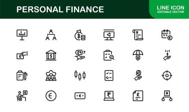 Temel Kişisel Finans Simgesi Vektör İllüstrasyonu. Tasarruf, Kredi, Kredi ve Para Yönetimi Tasarımı İçin Mali Planlama Simgelerini İçerir