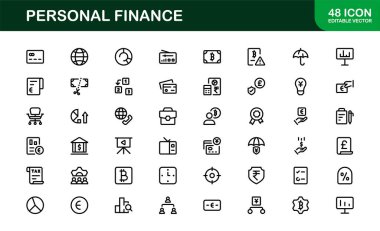 Temel Kişisel Finans Simgesi Vektör İllüstrasyonu. Tasarruf, Kredi, Kredi ve Para Yönetimi Tasarımı İçin Mali Planlama Simgelerini İçerir