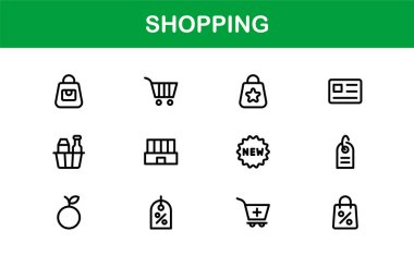 Moda Alışveriş Sembolleri Koleksiyonu. Web siteleri, uygulamalar ve dijital mağazalar için stil perakendecisi, E-ticaret ve pazar temalı vektör illüstrasyonları. Premium Alışveriş Hattı simgeleri.