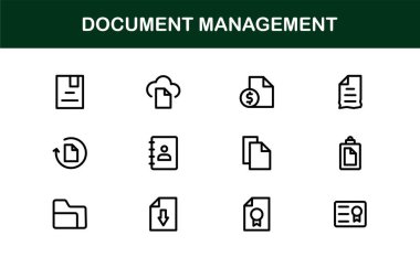 Belge İşlem ve Çalışma Akımı Yönetim Simgeleri. Temel Dosya İşleme, Arşivleme ve Dijital Kayıt Sistemi Simgesi Koleksiyonu
