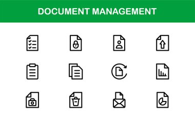 Belge İşlem ve Çalışma Akımı Yönetim Simgeleri. Temel Dosya İşleme, Arşivleme ve Dijital Kayıt Sistemi Simgesi Koleksiyonu
