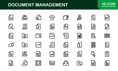 Belge İşlem ve Çalışma Akımı Yönetim Simgeleri. Temel Dosya İşleme, Arşivleme ve Dijital Kayıt Sistemi Simgesi Koleksiyonu