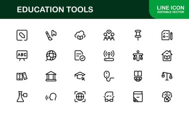 Modern Eğitim Araçları Simgesi Vektör İllüstrasyonu. Eğitim Projelerini Geliştirmek İçin Öğrenme, Öğretim ve Çalışmanın Temel Sembolleri.