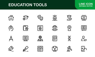 Modern Eğitim Araçları Simgesi Vektör İllüstrasyonu. Eğitim Projelerini Geliştirmek İçin Öğrenme, Öğretim ve Çalışmanın Temel Sembolleri.