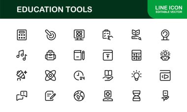 Modern Eğitim Araçları Simgesi Vektör İllüstrasyonu. Eğitim Projelerini Geliştirmek İçin Öğrenme, Öğretim ve Çalışmanın Temel Sembolleri.