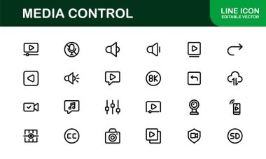 Oynatma ve Ortam Kontrol Simgeleri. Ses, Video, Akış ve Dijital Eğlence Kullanıcı Arayüzleri için Stil, Ölçeklenebilir Semboller