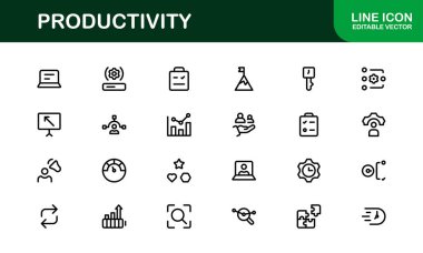 Üretkenlik Esasları Simgesi Ayarlandı. Premium, Editörel Temiz, Profesyonel ve Kullanıcı Dost Canlısı Çalışma, Ofis ve Dijital Planlama Projeleri. Üretim çizgisi simgeleri.