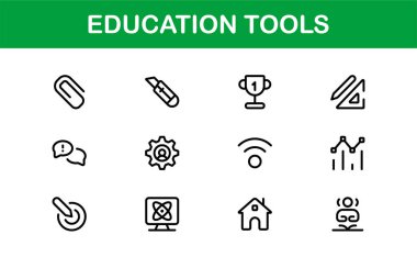 Modern Eğitim Araçları Simgesi Vektör İllüstrasyonu. Eğitim Projelerini Geliştirmek İçin Öğrenme, Öğretim ve Çalışmanın Temel Sembolleri.