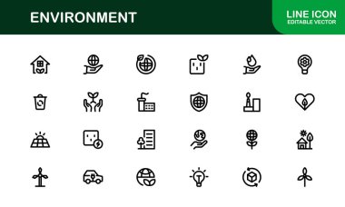 Doğa ve Çevre Simgeleri. Yeşil Enerji, Ekoloji ve Dünya Dost Canlısı Görseller İçin Temiz Çizgi Sanatı