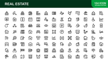 Emlak ve Emlak Premium Simgeleri. Profesyonel, Modern Konut, Ticari ve Mimarlık Sembolleri Gayrimenkul Pazarlama ve Markalaşma hattı stili