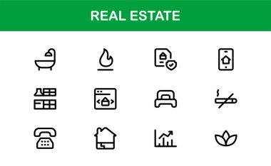Emlak ve Emlak Premium Simgeleri. Profesyonel, Modern Konut, Ticari ve Mimarlık Sembolleri Gayrimenkul Pazarlama ve Markalaşma hattı stili