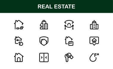 Emlak ve Emlak Premium Simgeleri. Profesyonel, Modern Konut, Ticari ve Mimarlık Sembolleri Gayrimenkul Pazarlama ve Markalaşma hattı stili
