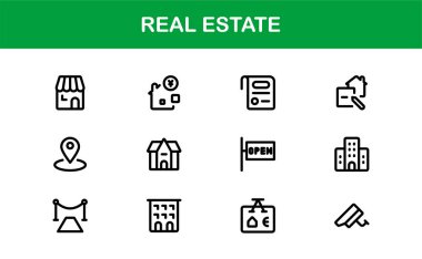 Emlak ve Emlak Premium Simgeleri. Profesyonel, Modern Konut, Ticari ve Mimarlık Sembolleri Gayrimenkul Pazarlama ve Markalaşma hattı stili