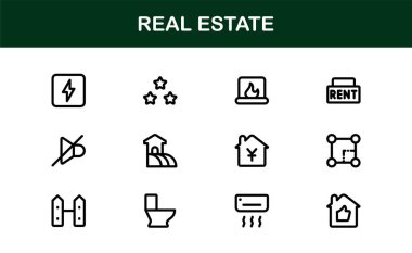 Emlak ve Emlak Premium Simgeleri. Profesyonel, Modern Konut, Ticari ve Mimarlık Sembolleri Gayrimenkul Pazarlama ve Markalaşma hattı stili