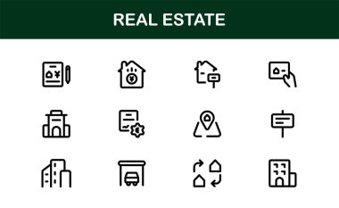 Emlak ve Emlak Premium Simgeleri. Profesyonel, Modern Konut, Ticari ve Mimarlık Sembolleri Gayrimenkul Pazarlama ve Markalaşma hattı stili