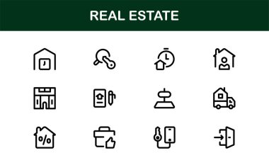 Emlak ve Emlak Premium Simgeleri. Profesyonel, Modern Konut, Ticari ve Mimarlık Sembolleri Gayrimenkul Pazarlama ve Markalaşma hattı stili