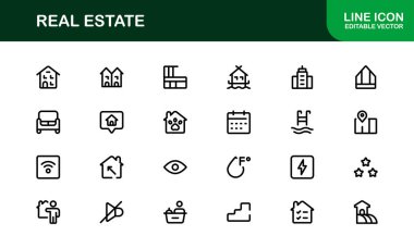 Emlak ve Emlak Premium Simgeleri. Profesyonel, Modern Konut, Ticari ve Mimarlık Sembolleri Gayrimenkul Pazarlama ve Markalaşma hattı stili
