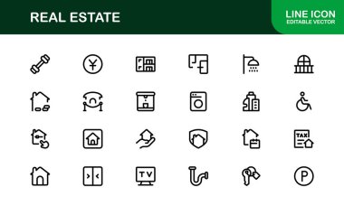 Emlak ve Emlak Premium Simgeleri. Profesyonel, Modern Konut, Ticari ve Mimarlık Sembolleri Gayrimenkul Pazarlama ve Markalaşma hattı stili