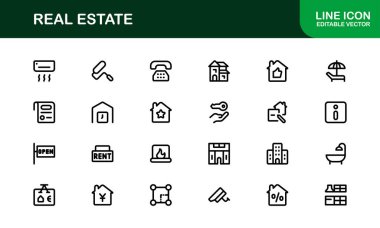 Emlak ve Emlak Premium Simgeleri. Profesyonel, Modern Konut, Ticari ve Mimarlık Sembolleri Gayrimenkul Pazarlama ve Markalaşma hattı stili